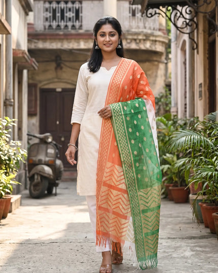 Women’s & Girl’s Tri-Color Art Silk Net Dupatta with Gold Zari Lace – Independence Day Special