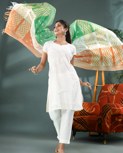 Women’s & Girl’s Tri-Color Art Silk Net Dupatta with Gold Zari Lace – Independence Day Special