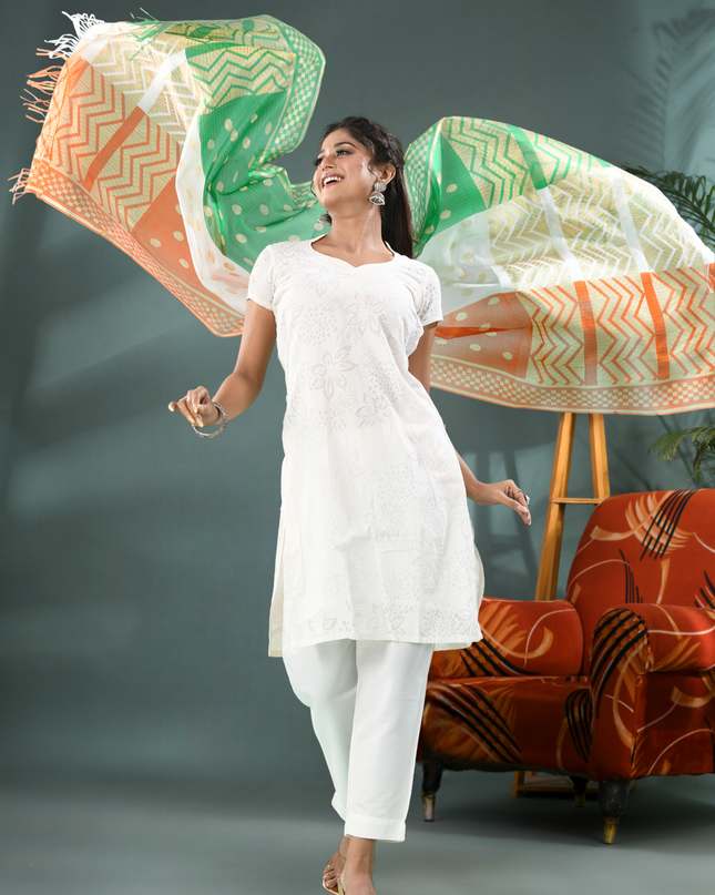 Women’s & Girl’s Tri-Color Art Silk Net Dupatta with Gold Zari Lace – Independence Day Special