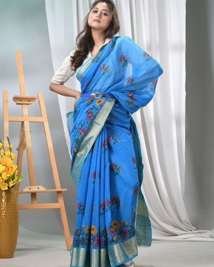 DESH BIDESH Blue Floral Printed Cotton Saree with Zari Border