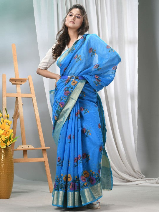 DESH BIDESH Blue Floral Printed Cotton Saree with Zari Border