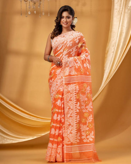 DESH BIDESH Floral Woven Design Pure Cotton Handloom Jamdani Saree