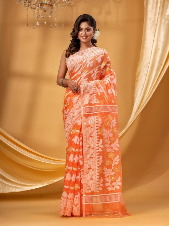 DESH BIDESH Floral Woven Design Pure Cotton Handloom Jamdani Saree