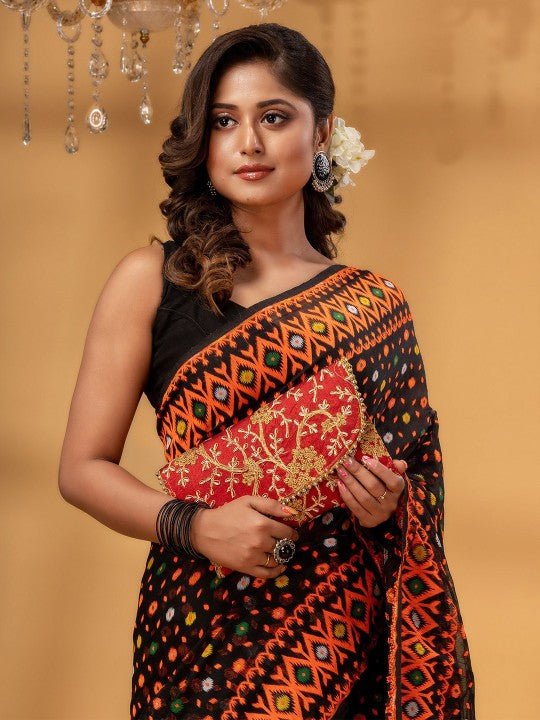 DESH BIDESH Floral Woven Pure Cotton Jamdani Saree for Women