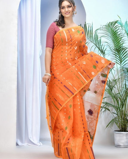 DESH BIDESH Orange Green Woven Zari Pure Cotton Jamdani Saree
