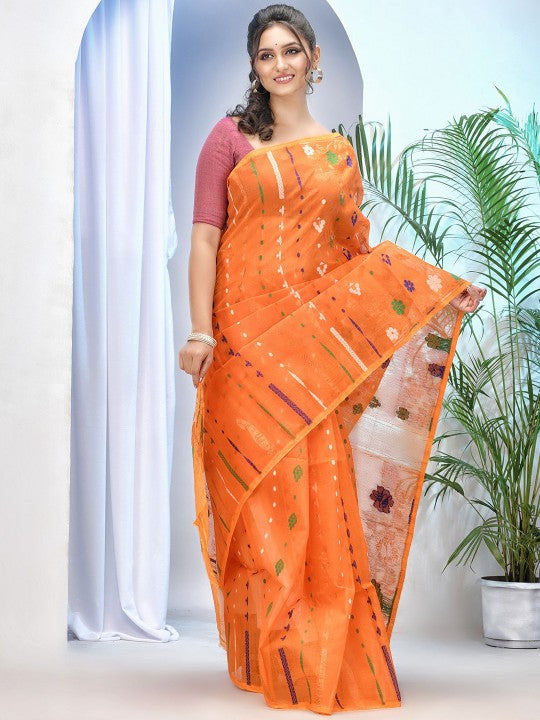 DESH BIDESH Orange Green Woven Zari Pure Cotton Jamdani Saree