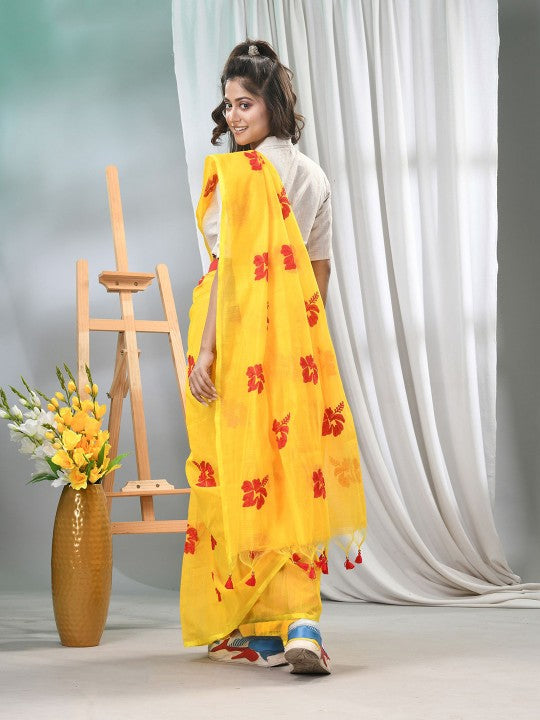 DESH BIDESH Floral Embroidered Silk Cotton Saree with No Border