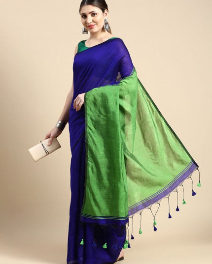 Exquisite Striped Silk Cotton Saree in Royal Blue and Lush Green