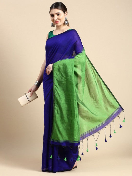 Exquisite Striped Silk Cotton Saree in Royal Blue and Lush Green