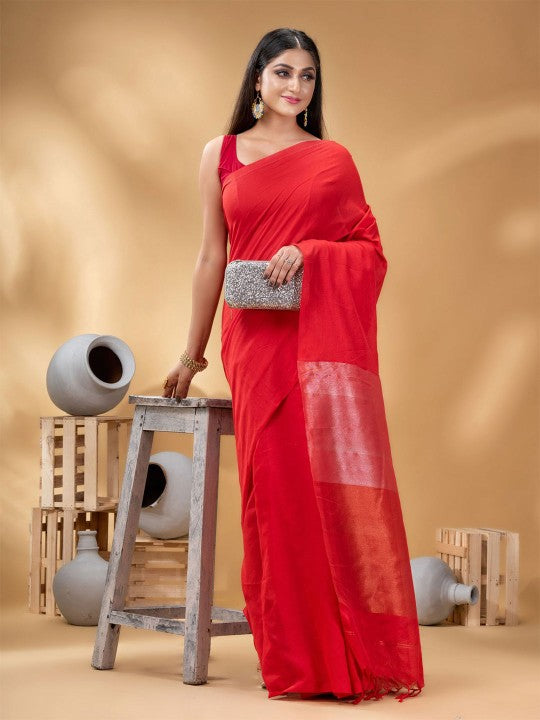 Exquisite Red Taant Saree for Women: Traditional Woven Design, Ready-to-Wear Elegance