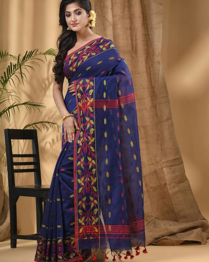 DESH BIDESH Floral Woven Taant Saree: Elegant Blue and Red Design