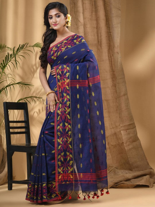 DESH BIDESH Floral Woven Taant Saree: Elegant Blue and Red Design