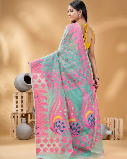 DESH BIDESH Turquoise Blue Pink Pure Cotton Jamdani Saree with Ethnic Motifs