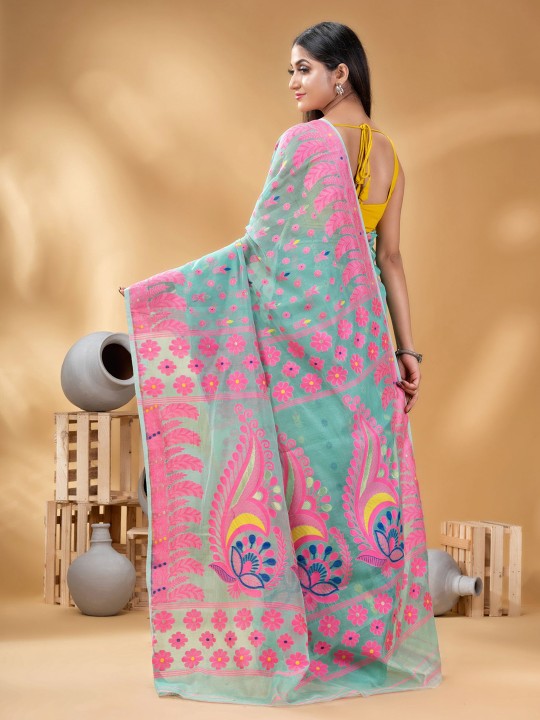 DESH BIDESH Turquoise Blue Pink Pure Cotton Jamdani Saree with Ethnic Motifs