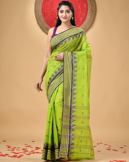 Women's Floral Pure Cotton Handloom Taant Saree in Green and Blue