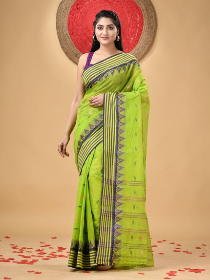 Women's Floral Pure Cotton Handloom Taant Saree in Green and Blue