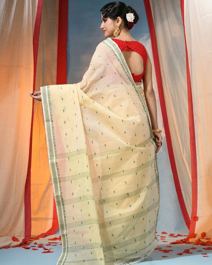 Exquisite Off-White & Green Pure Cotton Saree with Ethnic Woven Motifs