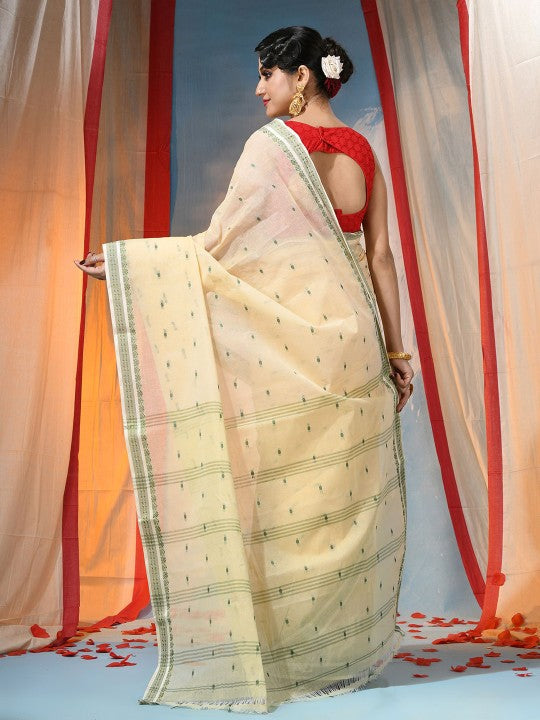 Exquisite Off-White & Green Pure Cotton Saree with Ethnic Woven Motifs
