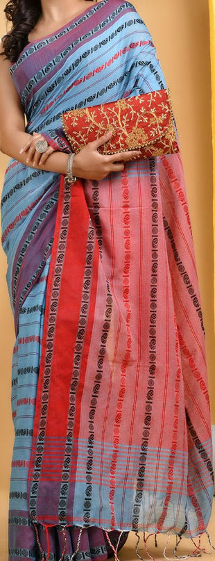 Elegant Blue & Red Woven Design Pure Cotton Saree for Women
