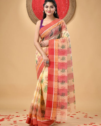 Exquisite Floral Printed Pure Cotton Block Print Saree with Woven Design Border