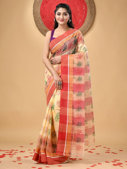 Exquisite Floral Printed Pure Cotton Block Print Saree with Woven Design Border