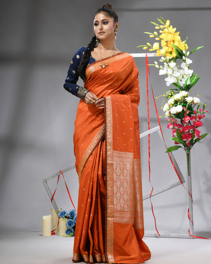 DESH BIDESH Orange Kanjivaram silk blend saree with silver zari butti