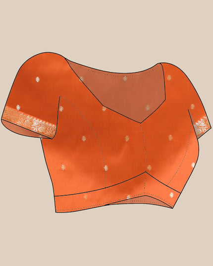 Authentic Kanchipuram design on an orange modern silk saree blouse layout