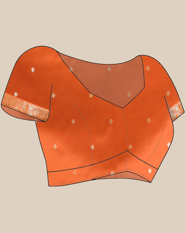 Authentic Kanchipuram design on an orange modern silk saree blouse layout