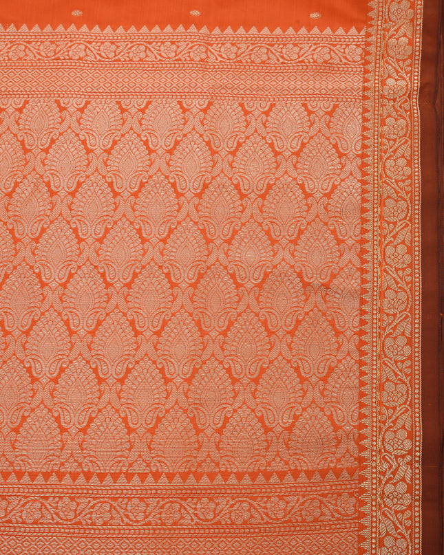 Close-up of the pallu design on DESH BIDESH orange silk saree.