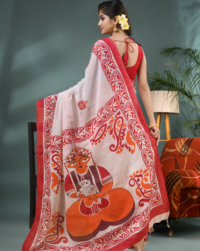 Pure Cotton Handloom Uma Ganesh Printed Saree with Blouse Piece