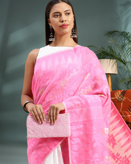 Women’s Bengal Handloom Soft Dhakai Jamdani Cotton Saree – Pink White