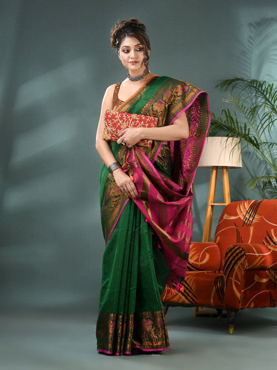 DESH BIDESH Elegant Green Gold Pink Kanjeevaram Silk Cotton Saree
