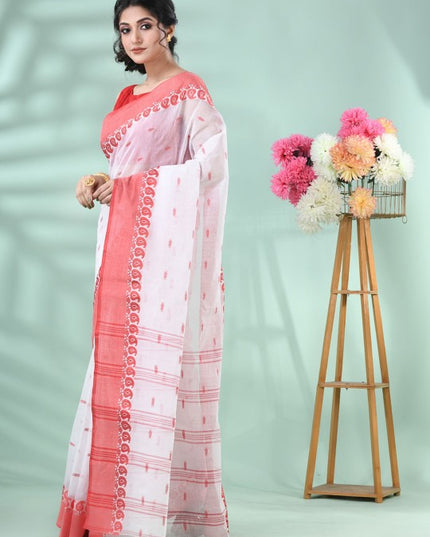 DESH BIDESH Elegant White & Red Woven Paisley Pure Cotton Saree for Women
