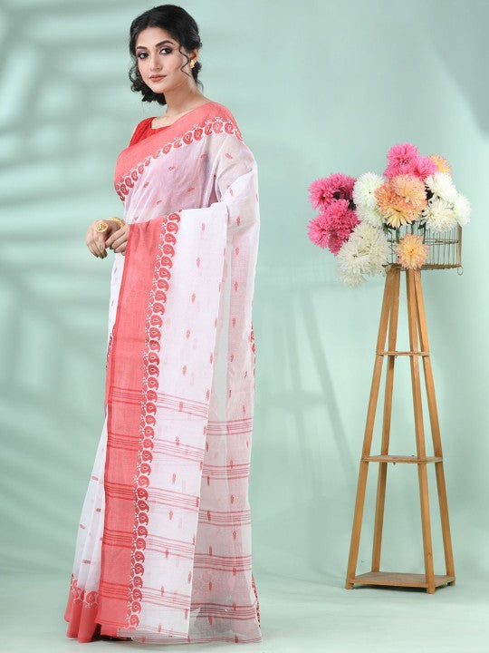 DESH BIDESH Elegant White & Red Woven Paisley Pure Cotton Saree for Women