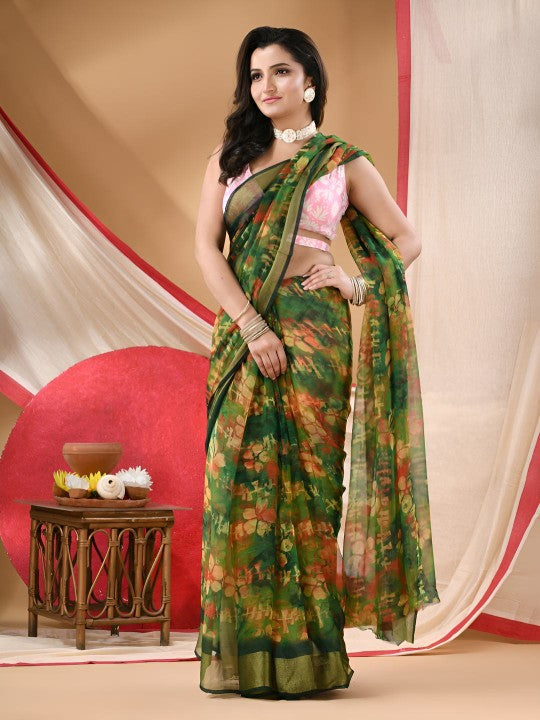 DESH BIDESH Noor E Zari Floral Printed Zari Bandhani Saree