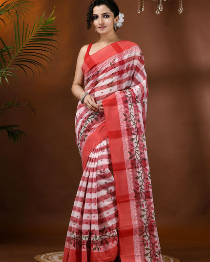 DESH BIDESH Striped Woven Design Pure Cotton Block Print Saree