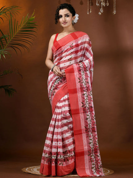DESH BIDESH Striped Woven Design Pure Cotton Block Print Saree