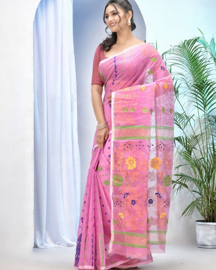 DESH BIDESH Pink & Blue Jamdani Saree with Ethnic Motifs and Woven Design