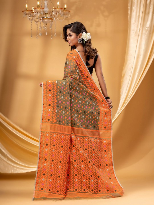 Exquisite DESH BIDESH Pure Cotton Jamdani Saree with Woven Design Border