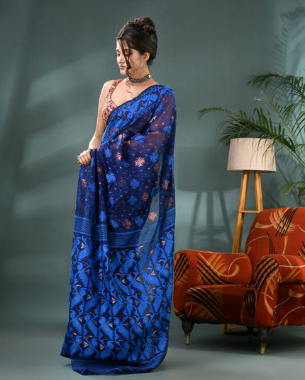 Elegant Blue Jamdani Saree with Woven Ethnic Motifs and Zari Work