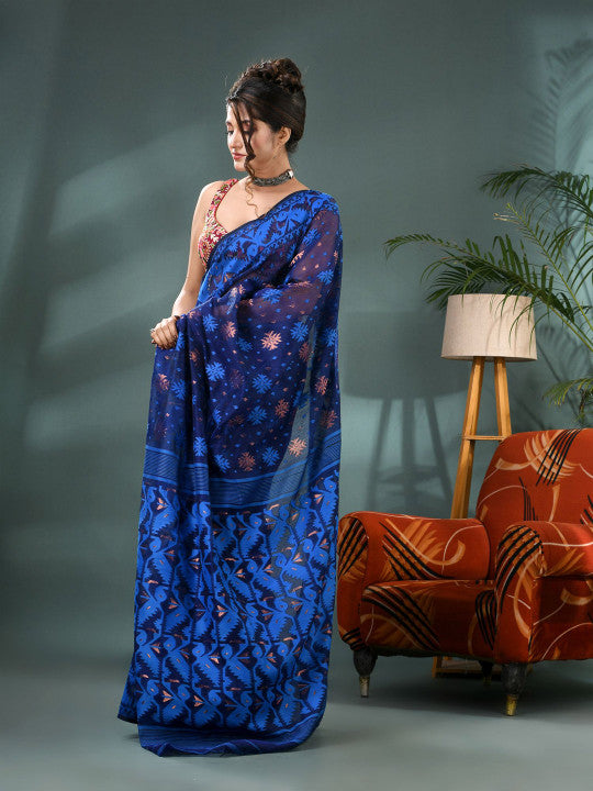 Elegant Blue Jamdani Saree with Woven Ethnic Motifs and Zari Work