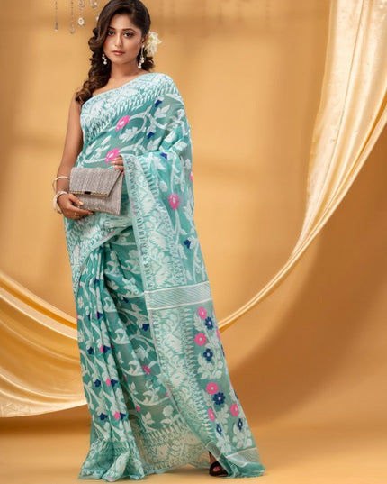 DESH BIDESH Women's Floral Pure Cotton Jamdani Saree: Ready-to-Wear Elegance