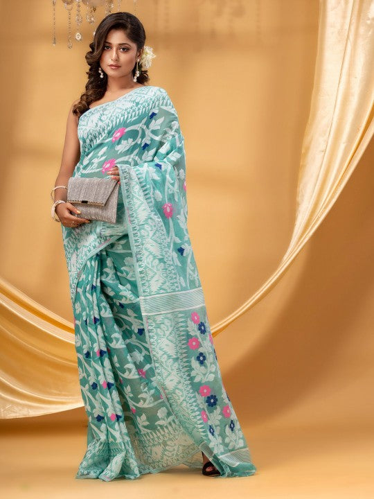 DESH BIDESH Women's Floral Pure Cotton Jamdani Saree: Ready-to-Wear Elegance