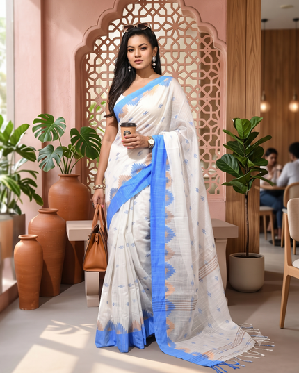 dB DESH BIDESH Women`s Cotton Silk Saree For Woman Pahar Pallav Design New Soft Kalyani Cotton Saree with Zari Border Tassels & Blouse Piece (White Blue)