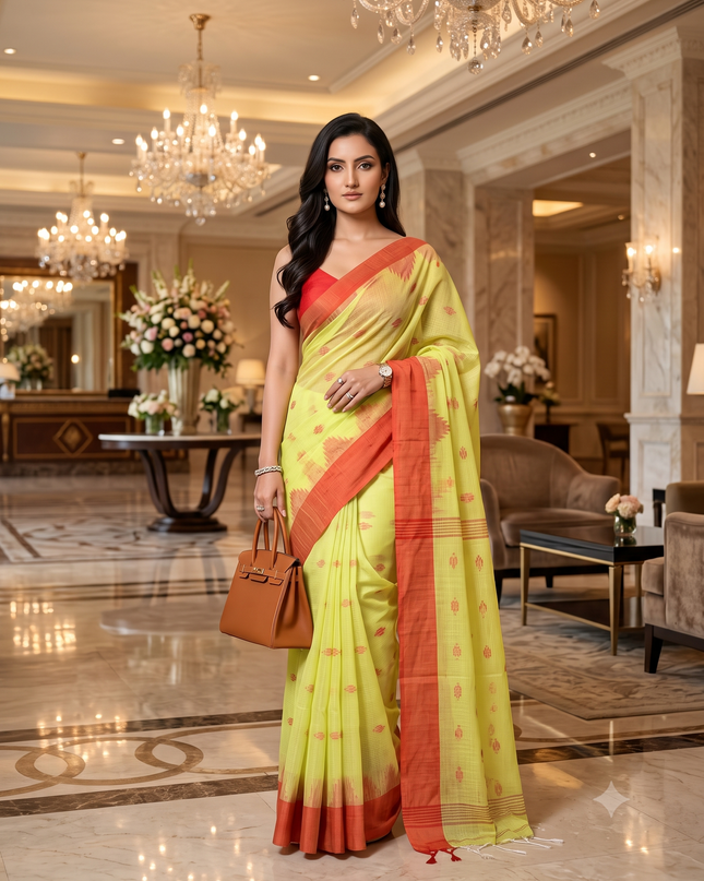 dB DESH BIDESH Women`s Cotton Silk Saree For Woman Pahar Pallav Design New Soft Kalyani Cotton Saree with Zari Border Tassels & Blouse Piece (Yellow Red)