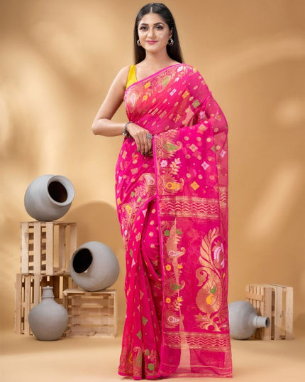 Exquisite Pink Gold-Toned Jamdani Saree with Woven Zari Design Border