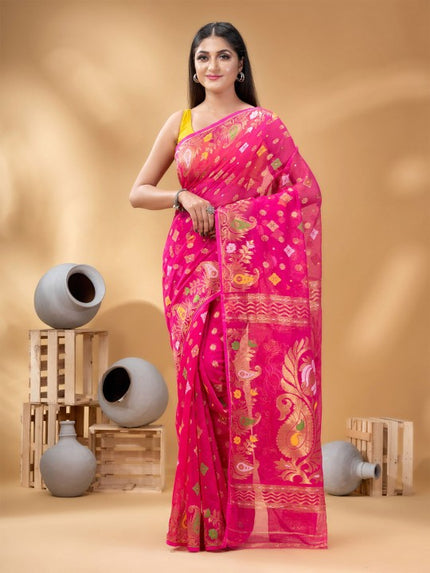 Exquisite Pink Gold-Toned Jamdani Saree with Woven Zari Design Border