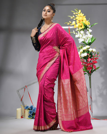 DESH BIDESH Pink Kanjivaram silk blend saree with silver zari butti.