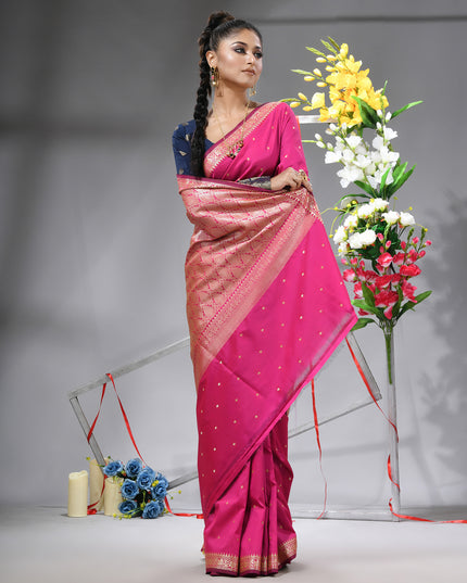 Authentic Kanchipuram design on a pink modern silk saree.