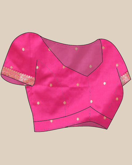 High-quality pink silk blend saree for special events blouse layout.